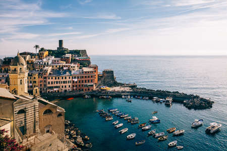 Scenic view of colorful village Vernazza in Cinque Terre, Italy. Top viewの写真素材