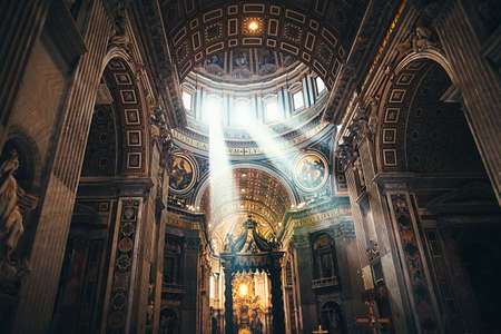 VATICAN, ROME, ITALY - JUNE 4, 2016: Interiors and architectural details of St. Peter Basilica with sun rays in Vatican, Italyのeditorial素材
