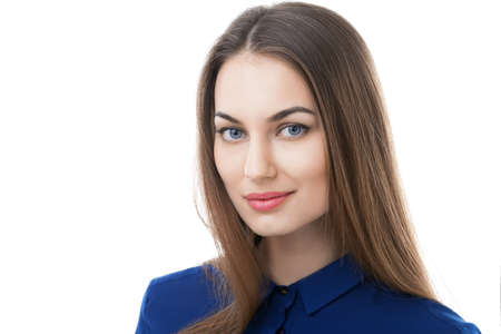 Young beautiful woman portrait with copy space on white backgroundの写真素材