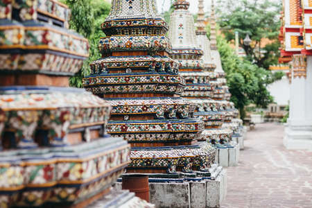 Beautifull decorated stupas and pagoda in Wat Pho temple, Bangkok. Thailandの写真素材