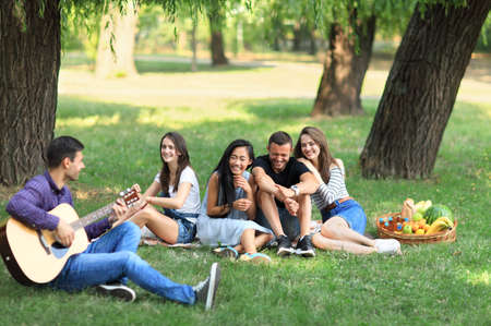Happy guys and girls having fun with guitar, singing and laughing. Best friends met at picnic with basket of fruit on sunny day in park. Young men and women leisure sitting on grassの写真素材