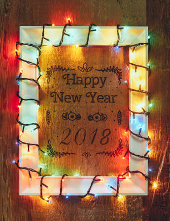 Christmas lights frame with copy space. Decorative garlandの写真素材