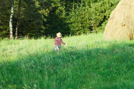 Boy in hat runs grass to forest, view from back. Boy in red shirt and jeans through meadow goes to thicket, and on right is haystack. Cheerful vacations in countrysideの写真素材