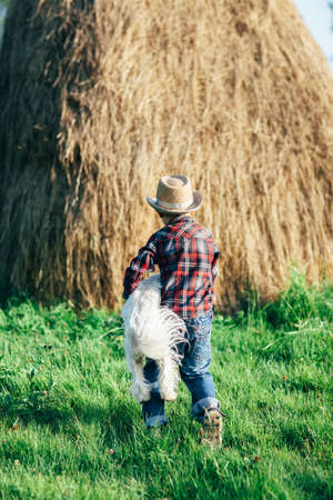 Little cowboy caught white dog and carried it to haystack. Rear view, outside. True friendship, game, agility, catching the conceptの写真素材