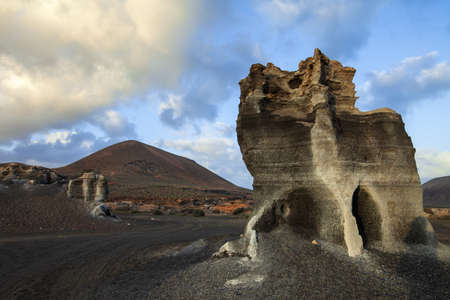 Black eroded rocks in Lanzarote Canyon. Nature Panorama. Canary island, Spainの写真素材