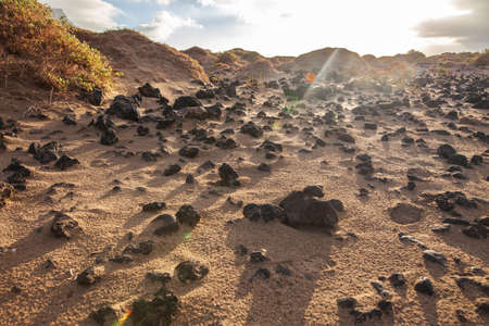 Sand dunes with volcanic mountains in background. Unique Lanzarote landscape. Canary islands, Spain.の写真素材