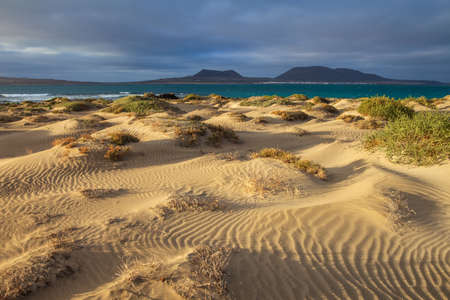 Sand dunes and ocean on sunset in unique volcanic island Lanzarote, Spain. Picturesque landscapeの写真素材