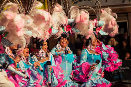 SANTA CRUZ DE TENERIFE, SPAIN- FEBRUARY 09, 2018: carnival participants wearing a womens dressのeditorial素材