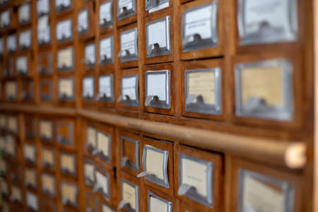 Library or archive reference card catalog. Database, knowledge base conceptの写真素材