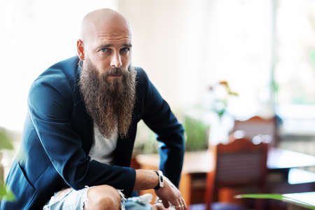 Portrait of bearded handsome confident man. Hipster lifestyleの写真素材