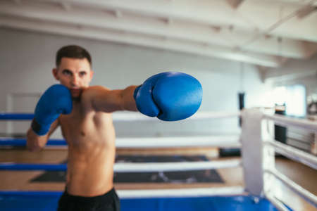 Male boxer fighting in gym and making direct hit. focus on boxing glove. Sport conceptの写真素材
