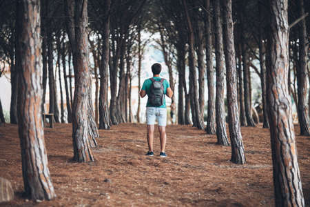 Tourist young man walks in forest with backpack. Travel conceptの写真素材