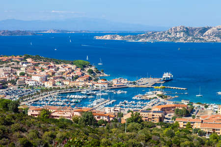 Panoramic aerial cityscape of Palau and mediterranean sea in Sardinia island, Italyの写真素材