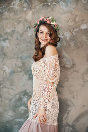 Portrait of beautiful happy woman in boho style dress. Fashion conceptの写真素材