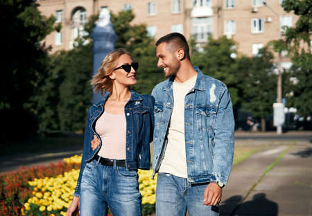 Young couple in love walking outdoors