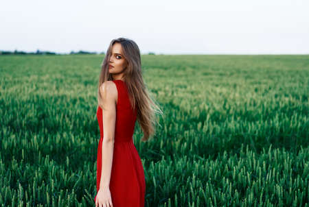 Beautiful young woman in red dress posing outdoors in green summer fieldの写真素材