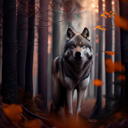 Incredible wolf in the autumn forest on sunset time. generative AI.の素材