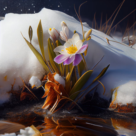Snowdrop flowers in the snow on sunlight. generative AIの素材