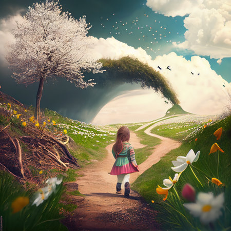 Little girl walks on road in a field with field flowers and blossom trees. Generative AIの素材