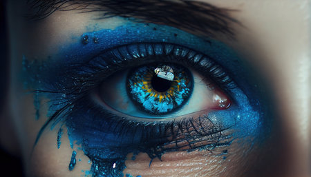 Beautiful blue eye of young woman with bright make up. Generative AIの素材