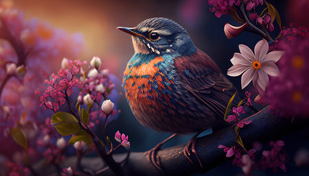 Small beautiful bird on blossom tree. generative AI.の素材