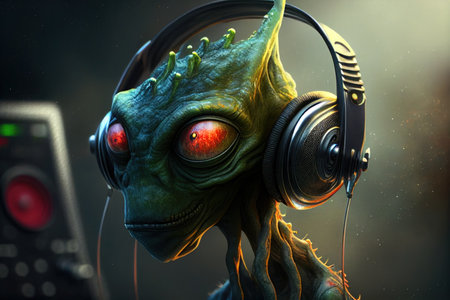 Happy alien listening music with headphones. Generative AIの素材