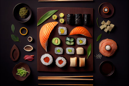 Assorted sushi set on black bacground. Generative AIの素材