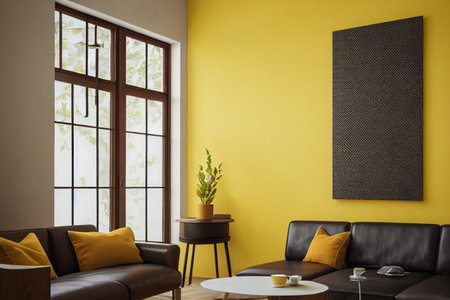 Bright modern room with yellow interior background. Generative AIの素材