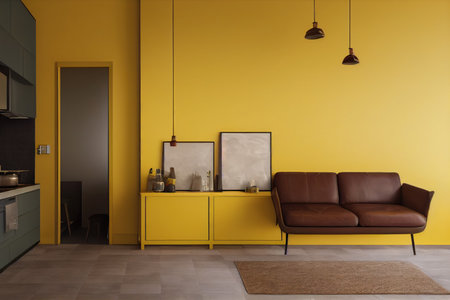 Bright modern room with yellow interior background. Generative AIの素材