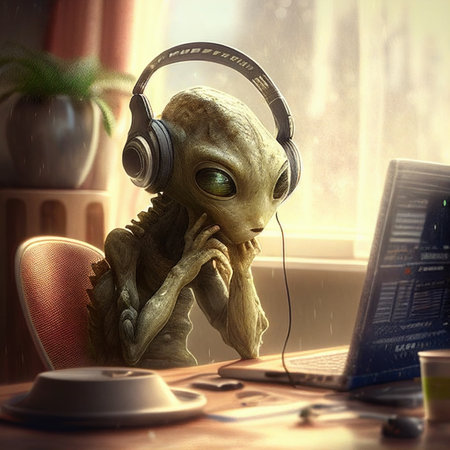 Iinterested alien working on laptop with headphones. Generative AIの素材