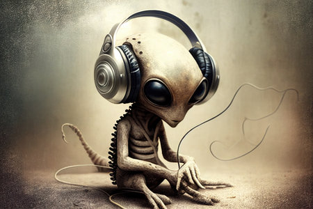 Happy alien listening music with headphones. Generative AIの素材