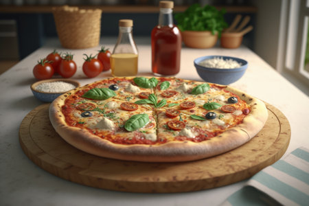 Delicious fresh homemade italian pizza with pepperoni, buffalo mozzarella and basil. Generative AIの素材