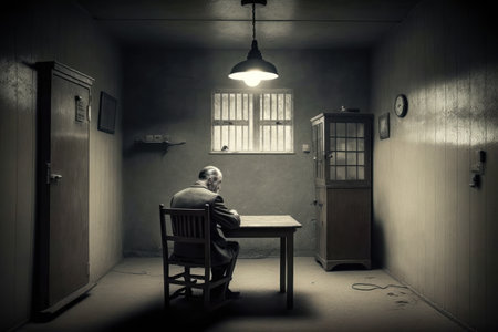 Detective waiting for suspicion in the interrogation room. Generative AIの素材