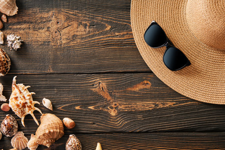 Summer vacation concept. Straw hat, sunglasses and various seashells on dark wooden background with copy space for text. Flat lay, top viewの写真素材