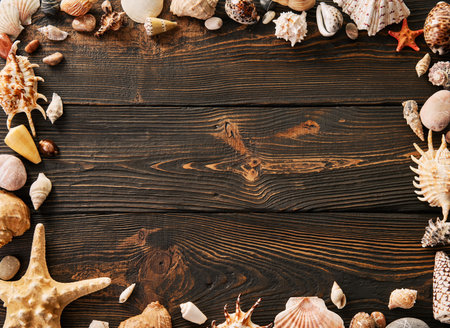 Seashells and starfish frame on dark wooden background with copy space for text, sea vacation border. Summer holidays travel concept. Flat lay, top viewの写真素材
