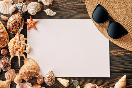 Invitation or greeting card mockup with straw hat, sunglasses and various seashells on dark wooden background, copy space for text. Summer time, vacation concept. Flat lay, top viewの写真素材