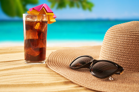 Straw hat, sunglasses and cocktail on the sand and sea background. Relax on the beachの写真素材