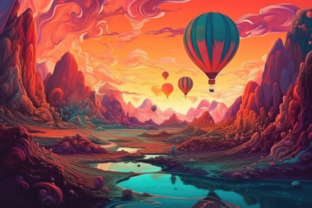 Fantasy landscape wallpaper with colorful sky and hot air balloons. Generative AIの素材