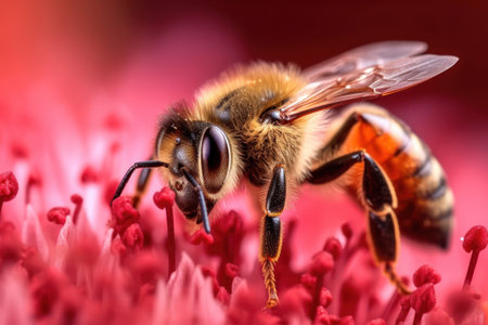 a bee collects nectar on a pink flower. Generative AIの素材