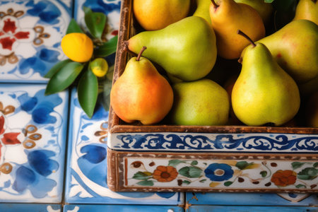 rustic still life with pears in an authentic box. Generative AIの素材