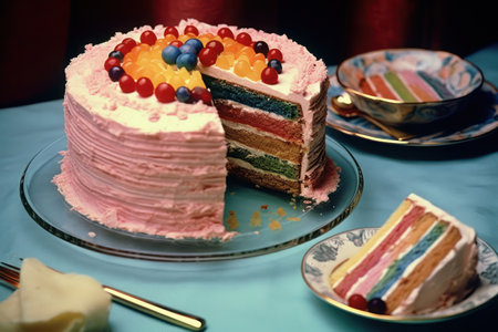 Delicious rainbow cake with the one slice cut out of it. food concept. Generative AIの素材