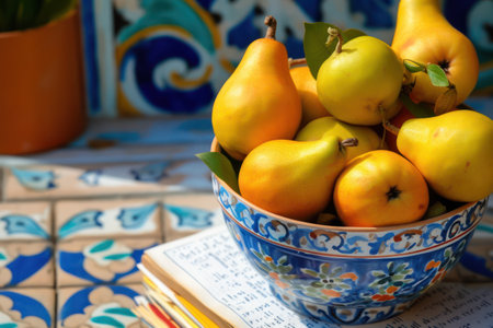 rustic still life with pears in an authentic box. Generative AIの素材