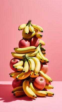 Fruit pyramid of bananas and apples on pink background. healthy eating concept. Generative AIの素材