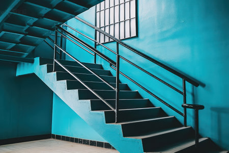 Steel stairs going up over blue wall background. Generative AIの素材