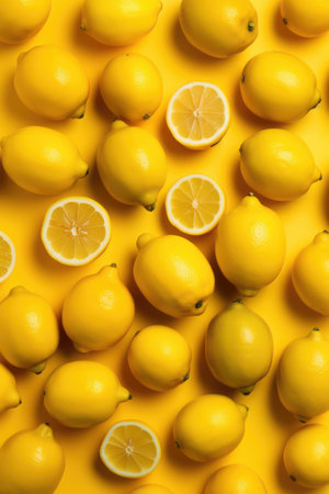 Yellow lemons on yellow background. Summer, fruits, fashion concept. Generative AIの素材
