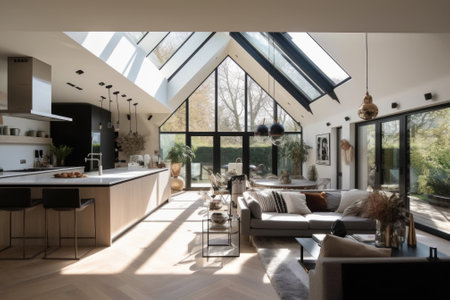 a modern living room with skylights and wooden floors. Generative AIの素材