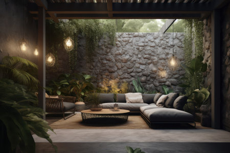 Modern outdoor living room with greenery, plants and luxury furniture. interior concept. Generative AIの素材