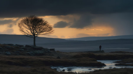 Lonely person walking on scenic valley landscape with solitary tree and endless rolling hills. loneliness conceptの素材