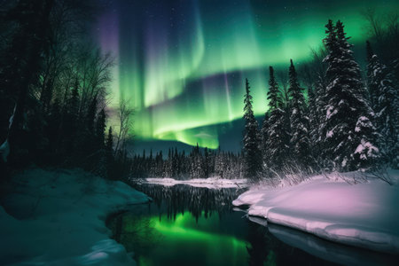 The aurora borealis in snowy winter forest at nightの素材