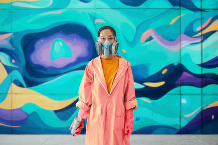 Female graffiti artist in respirator mask standing near the wall with her paintings looking to camera. Street art conceptの写真素材